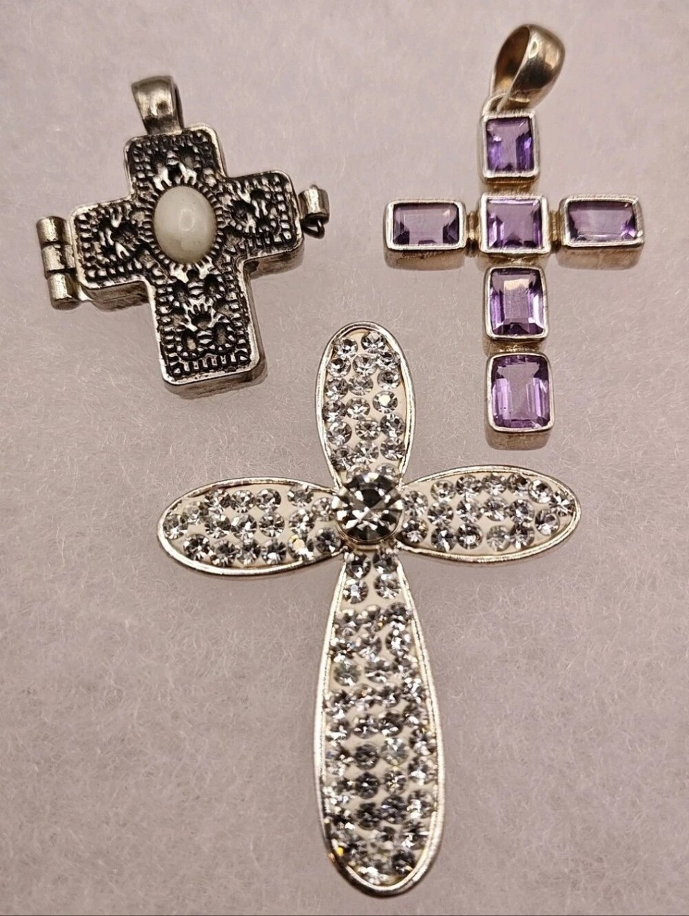 Vintage Cross Locket Amethyst Sterling Cross Pendant Rhinestone Cross Brooch LC